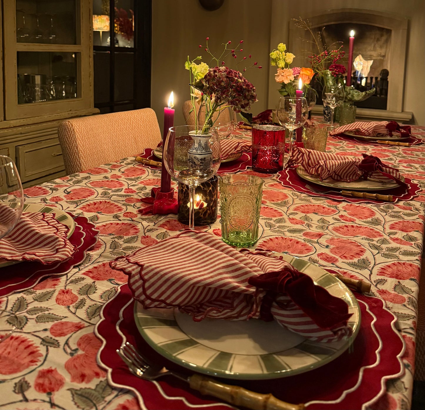 Tablecloth Indian block print white with delicate pink flowers and vibrant green leaves 