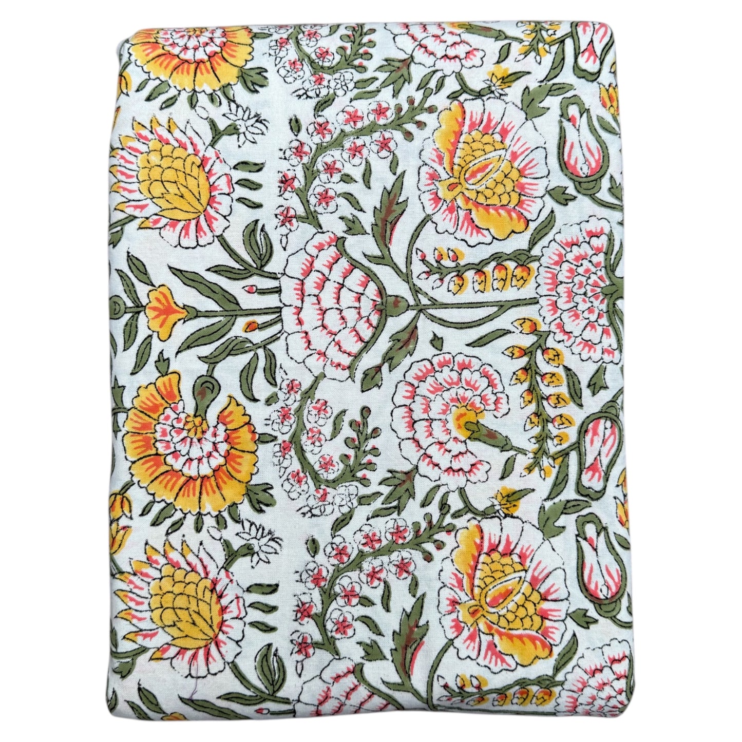 Katoenen servetten (2 stuks) blockprint geel met oranje bloem en groene takjes