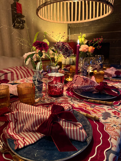 Katoenen servetten (2 stuks) burgundy-wit streepje met golvende rand