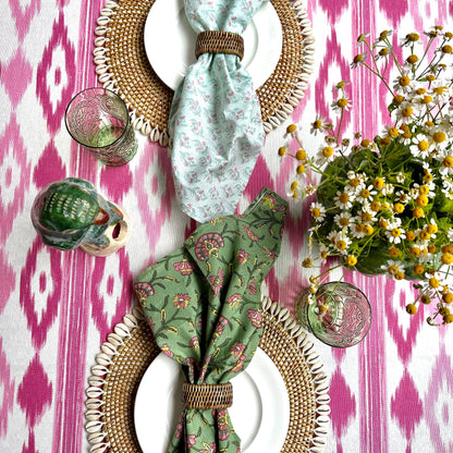 Katoenen servetten blockprint groen met roze bloemen - Frank Styling