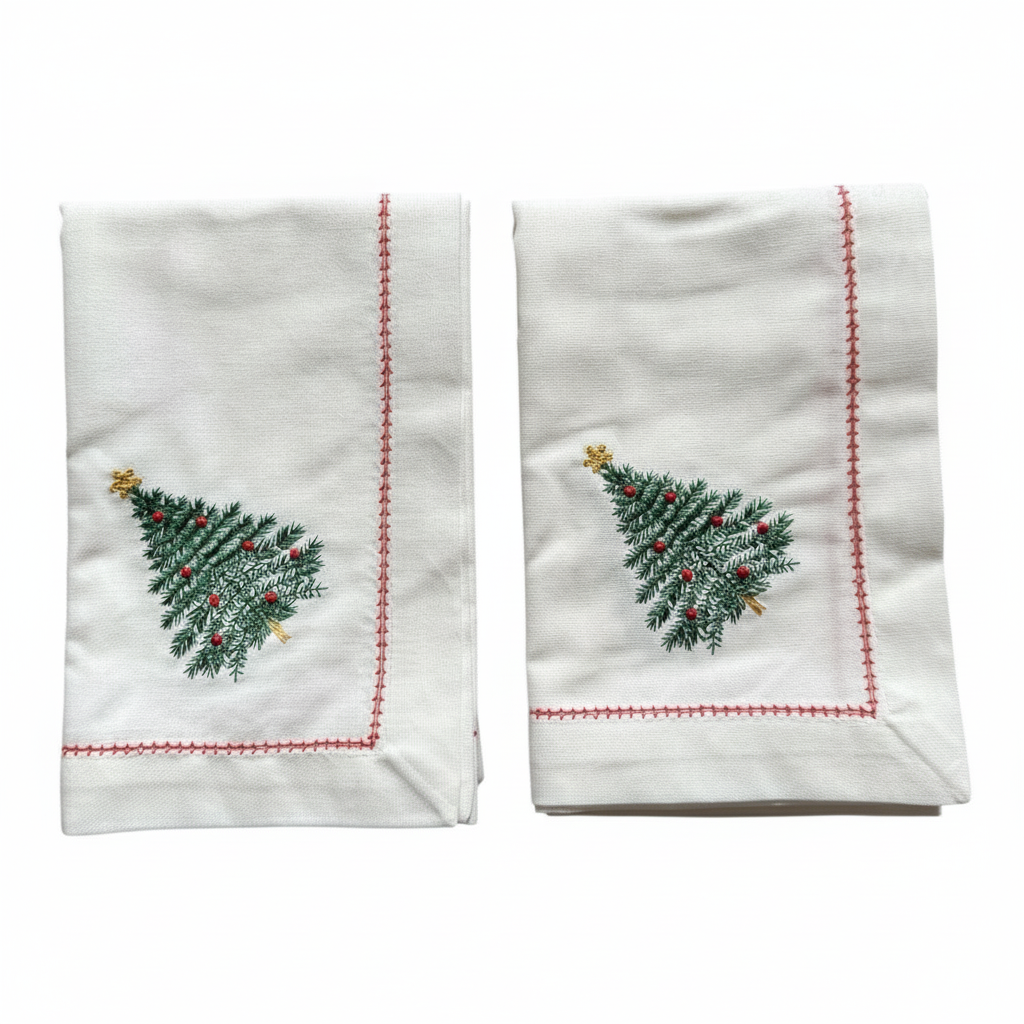 Witte kerstservetten (set van 2) met geborduurde kerstboom