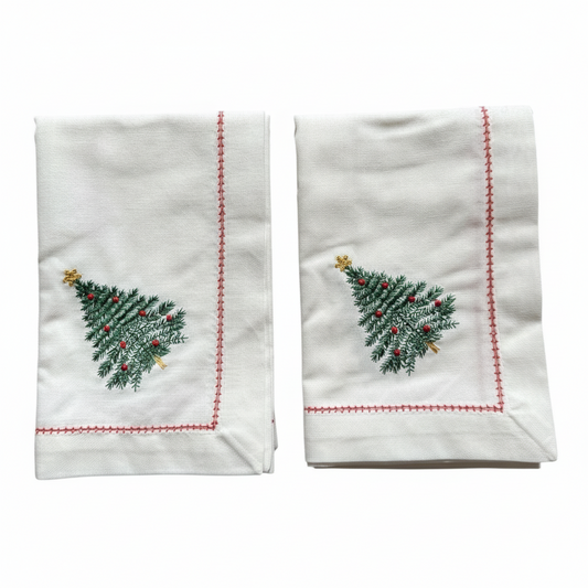 Witte kerstservetten (set van 2) met geborduurde kerstboom