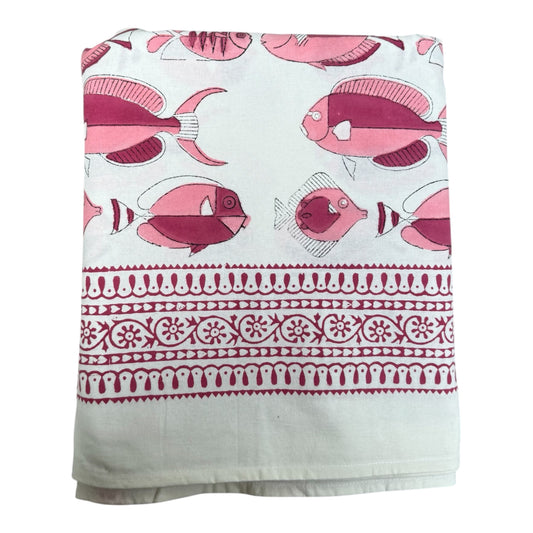 Tafelkleed Indiase blockprint wit met roze vissen
