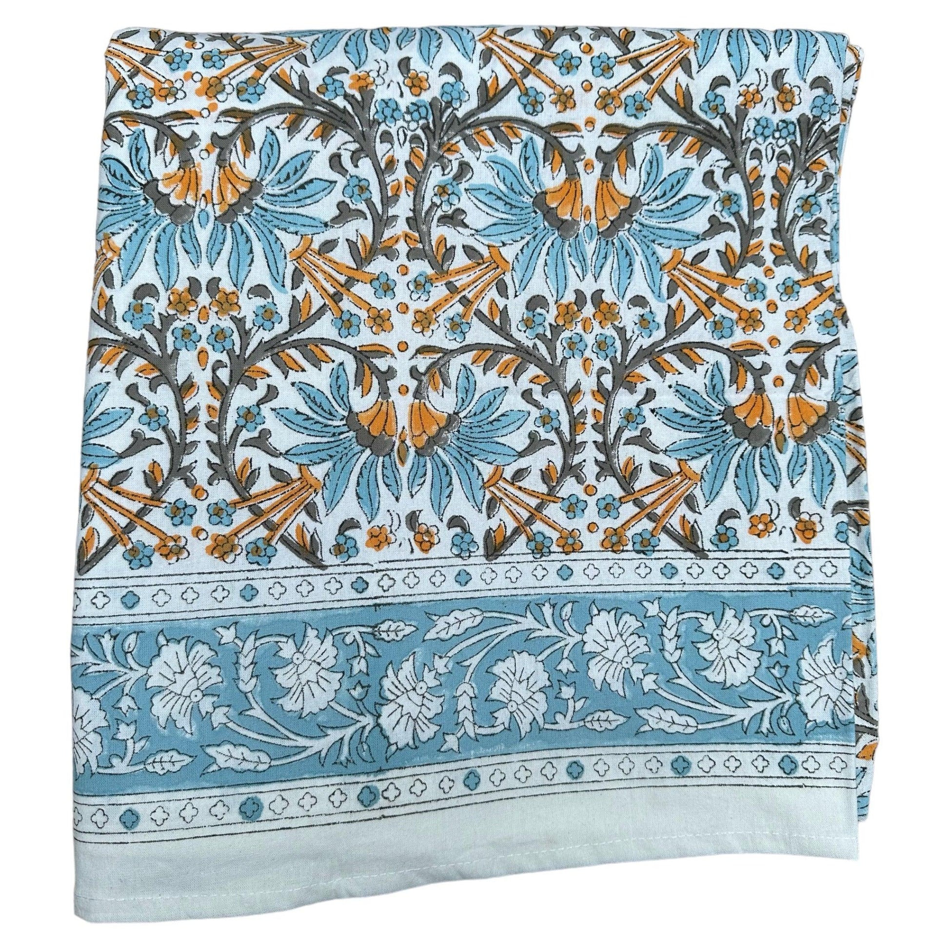 Tafelkleed Indiase blockprint licht blauw met geel - Frank Styling