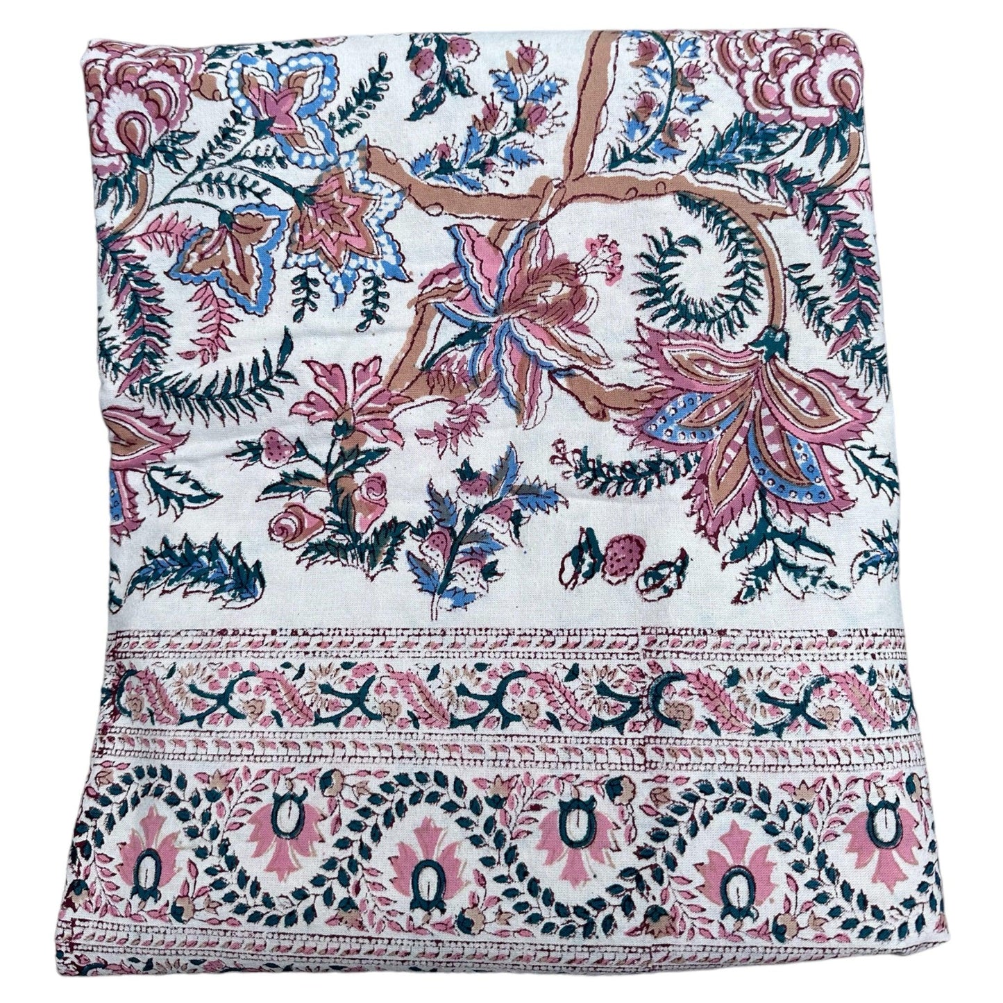 Tafelkleed Indiase blockprint offwhite met oud roze groen en blauw - Frank Styling
