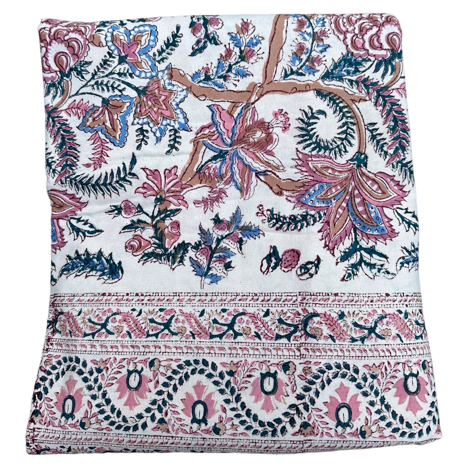 Tafelkleed Indiase blockprint offwhite met oud roze groen en blauw - Frank Styling