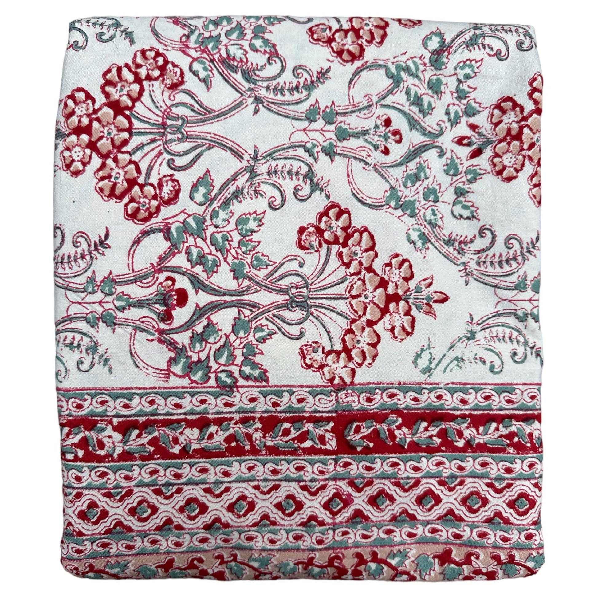 Tafelkleed Indiase blockprint offwhite met salie en rode bloemen - Frank Styling