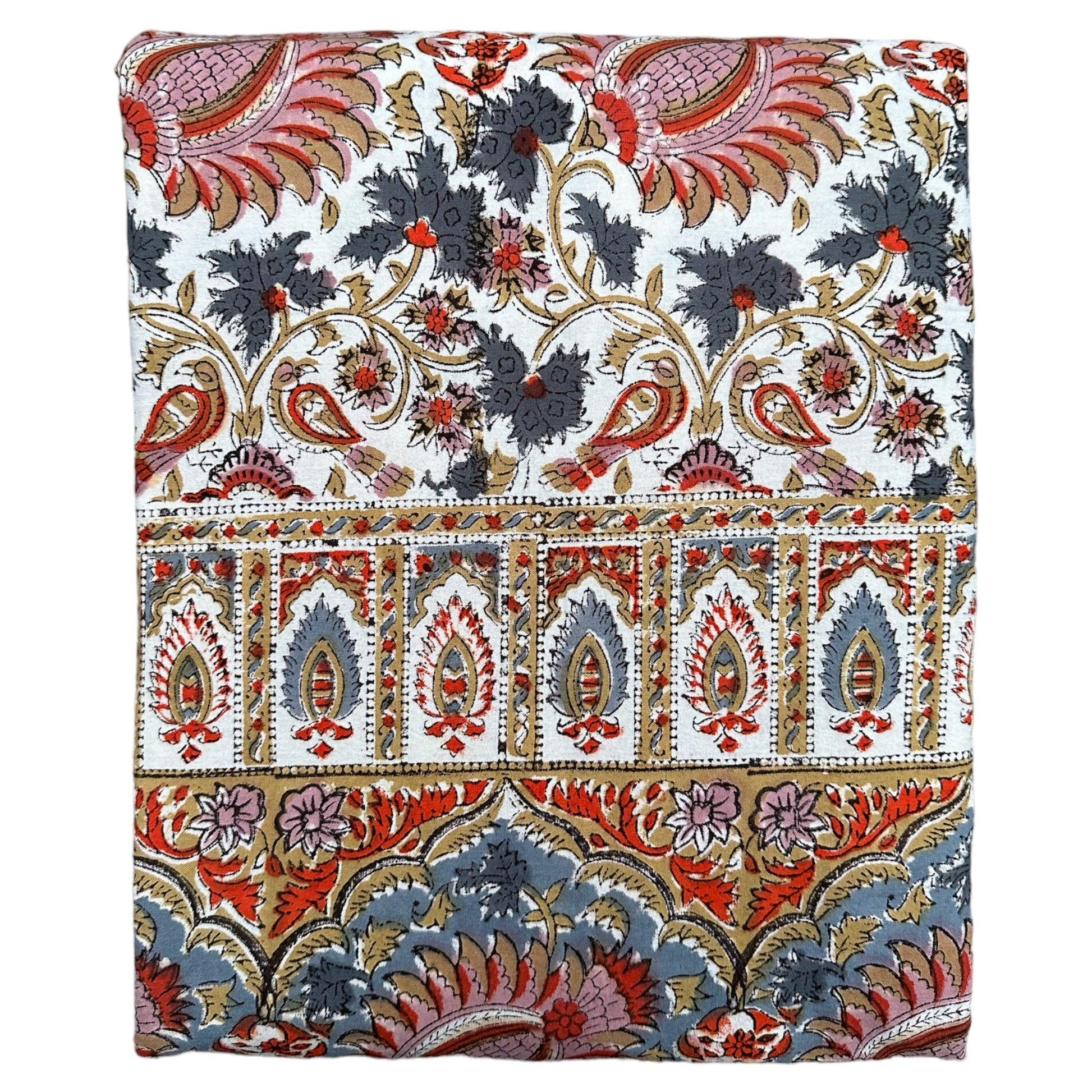 Tafelkleed Indiase blockprint offwhite okergele, blauw en roze bloemen - Frank Styling