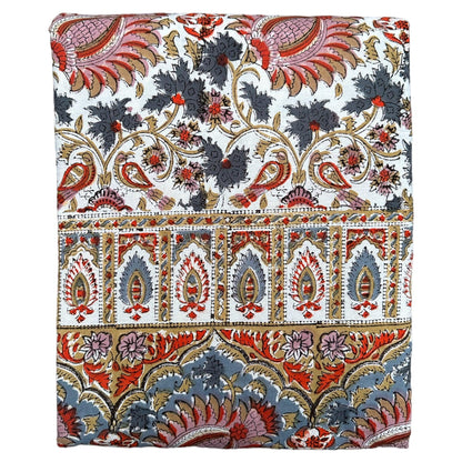Tafelkleed Indiase blockprint offwhite okergele, blauw en roze bloemen - Frank Styling
