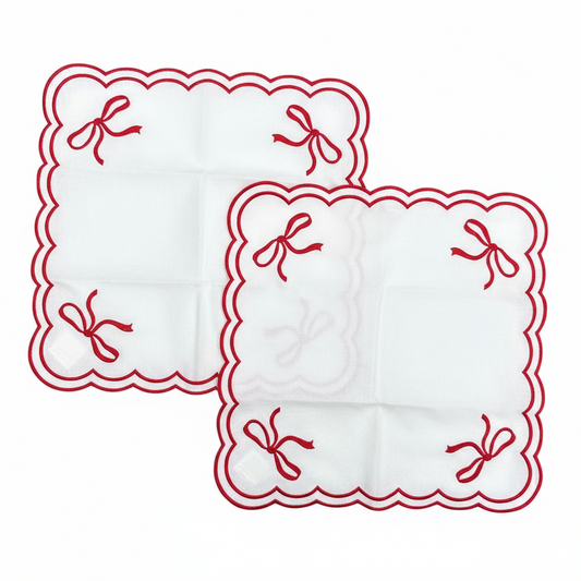 Katoenen servetten (2 stuks) wit met rode strikken en golvende rand