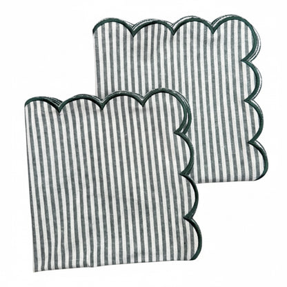 Katoenen servetten (2 stuks) groen wit gestreept met geborduurde groene rand
