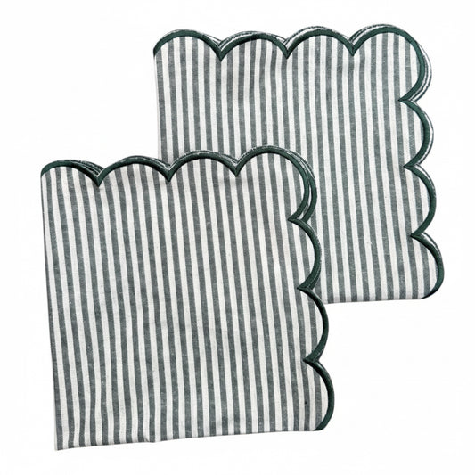 Katoenen servetten (2 stuks) groen wit gestreept met geborduurde groene rand