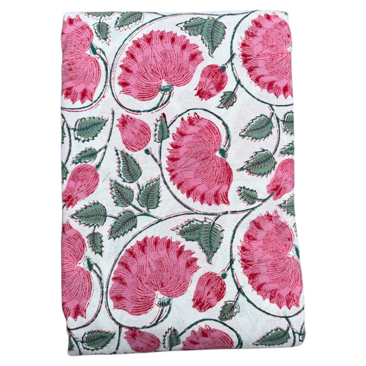 Tafelkleed Indiase blockprint wit met delicate roze bloemen en levendige groene bladeren