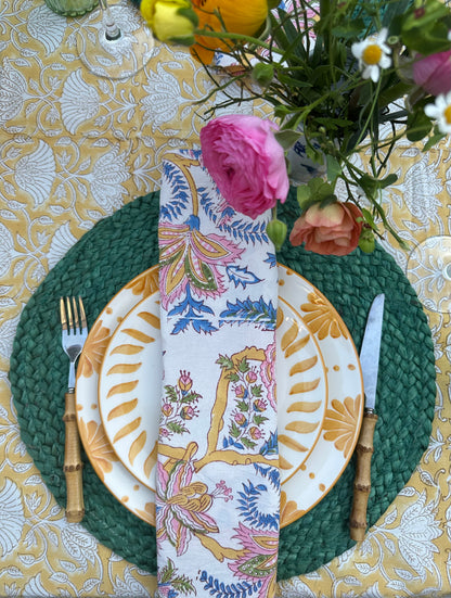 Tafelkleed Indiase blockprint geel met witte bloemen