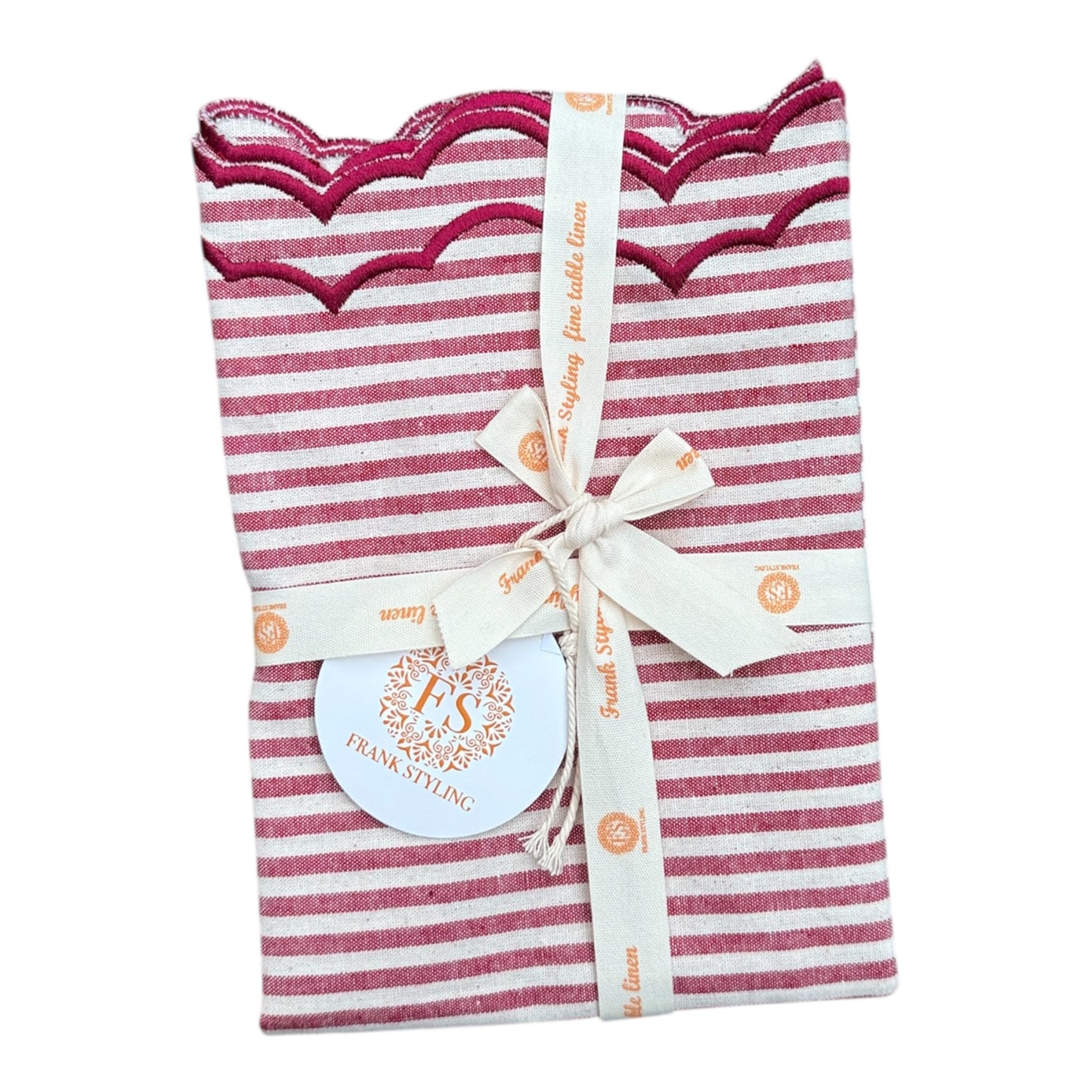 Katoenen servetten (2 stuks) burgundy-wit streepje met golvende rand