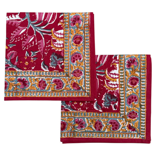 Katoenen servetten (2 stuks) blockprint burgundy met roze en dusty blue bloemen