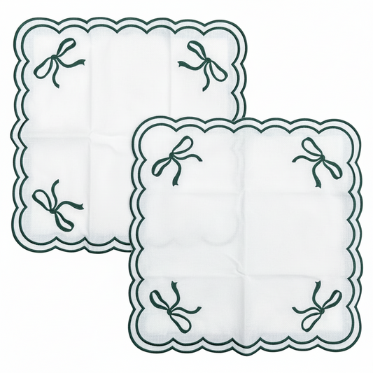 Katoenen servetten (2 stuks) wit met diep groene strikken en golvende rand