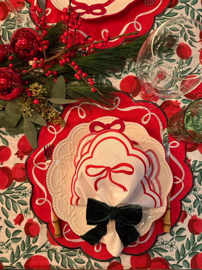 Placemats (2 stuks) kerstrood met groene en witte krulrand