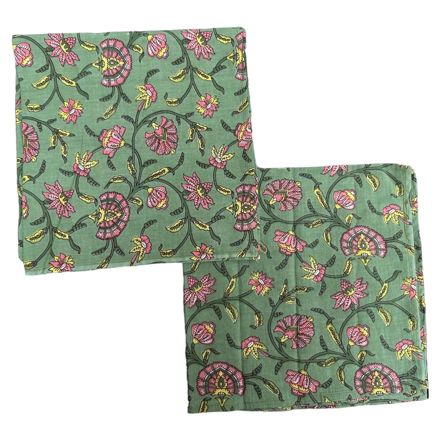 Katoenen servetten blockprint groen met roze bloemen - Frank Styling