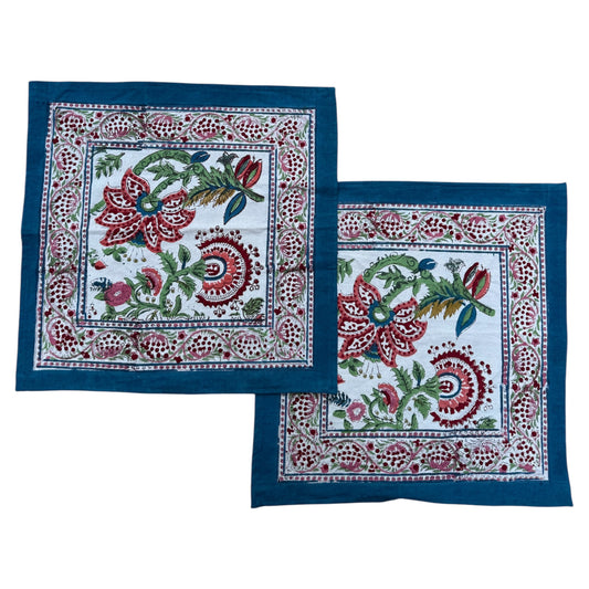 Katoenen servetten blockprint bloemenmotief fuchsia oranje met diep blauwe rand