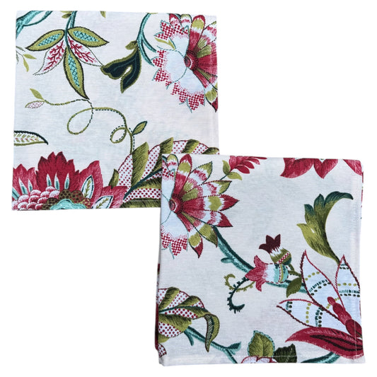 Servetten (2 stuks) bloemmotief frambooskleur met groen en blauw