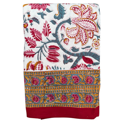 Tafelkleed Indiase blockprint met oud blauw en bordeaux bloemen