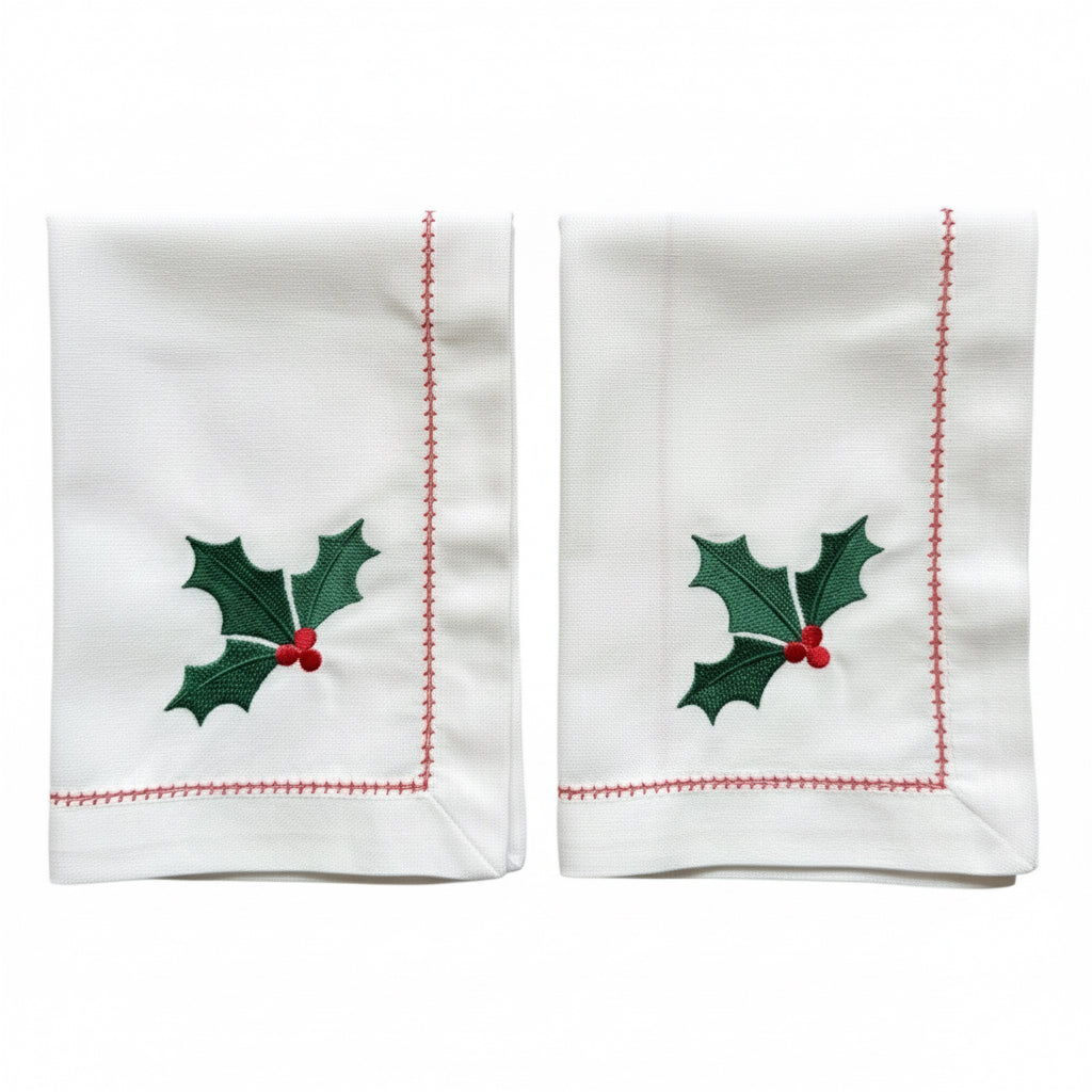 Witte kerstservetten (set van 2) met geborduurde hulstblaadjes