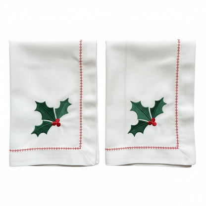 Witte kerstservetten (set van 2) met geborduurde hulstblaadjes