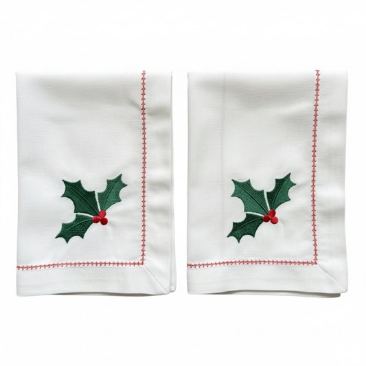 Witte kerstservetten (set van 2) met geborduurde hulstblaadjes