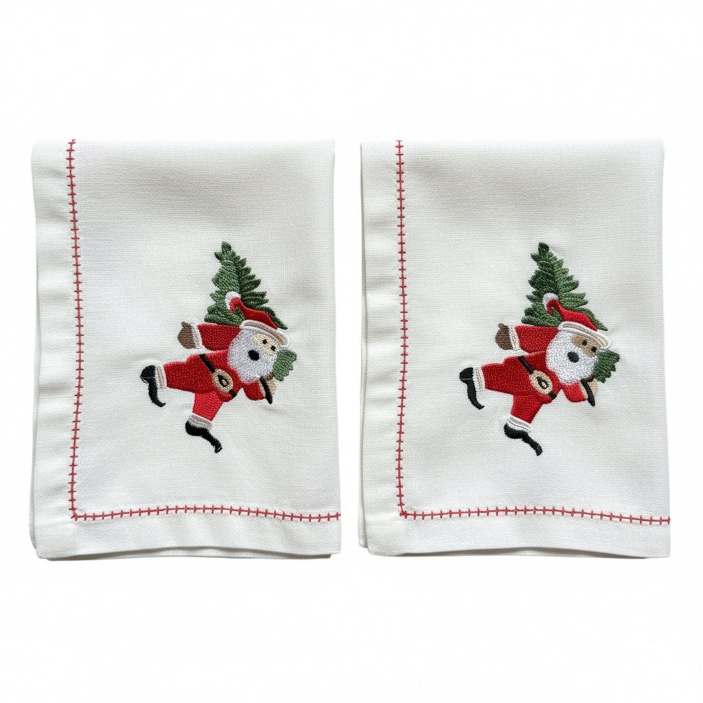 Witte kerstservetten (set van 2) met geborduurde kerstman