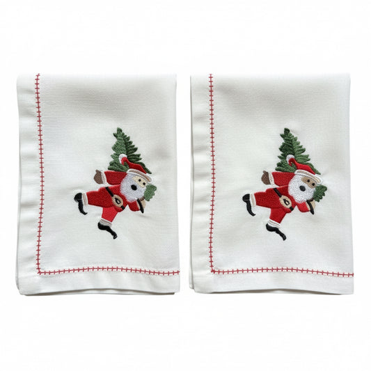 Witte kerstservetten (set van 2) met geborduurde kerstman