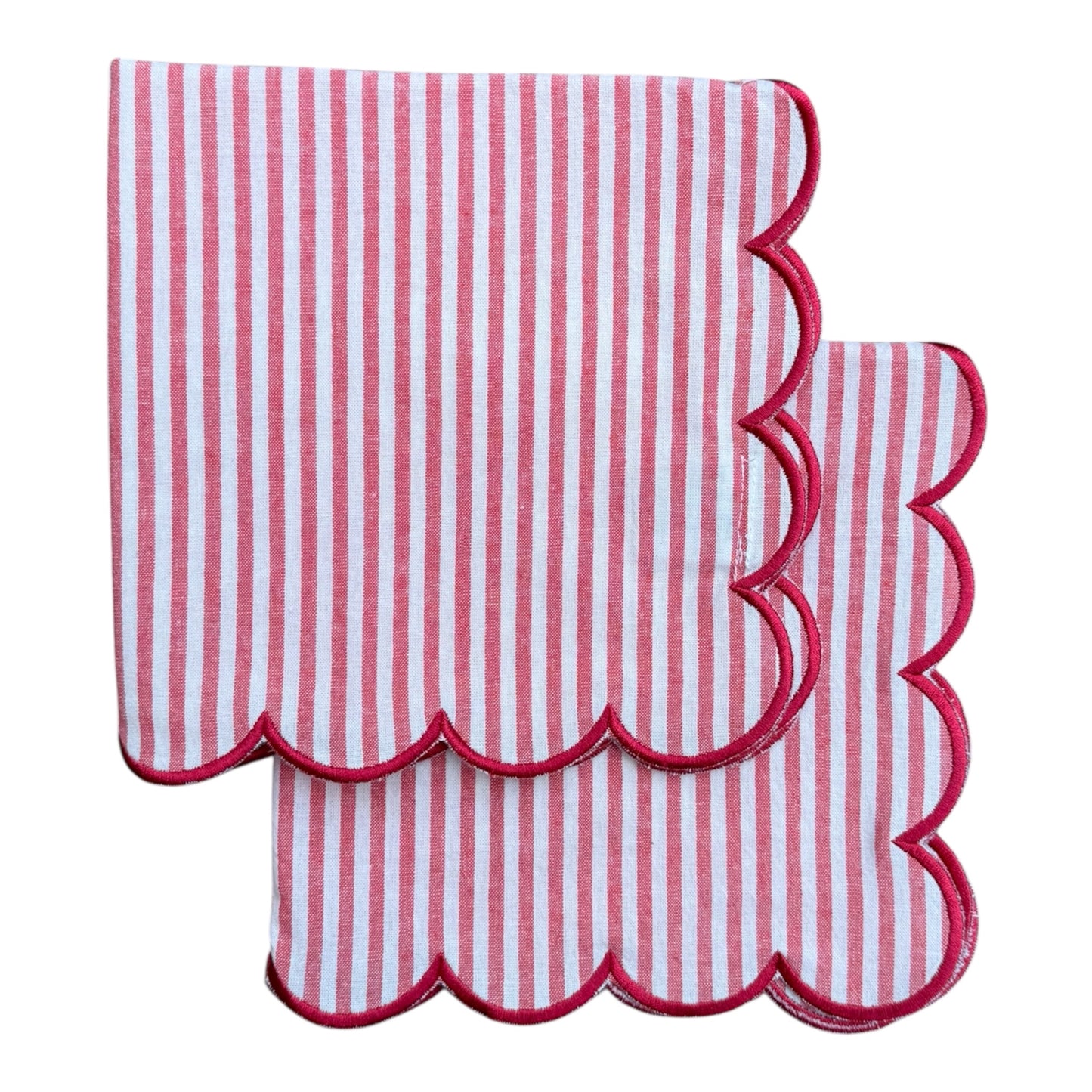 Katoenen servetten (2 stuks) peach wit gestreept met geborduurde rand