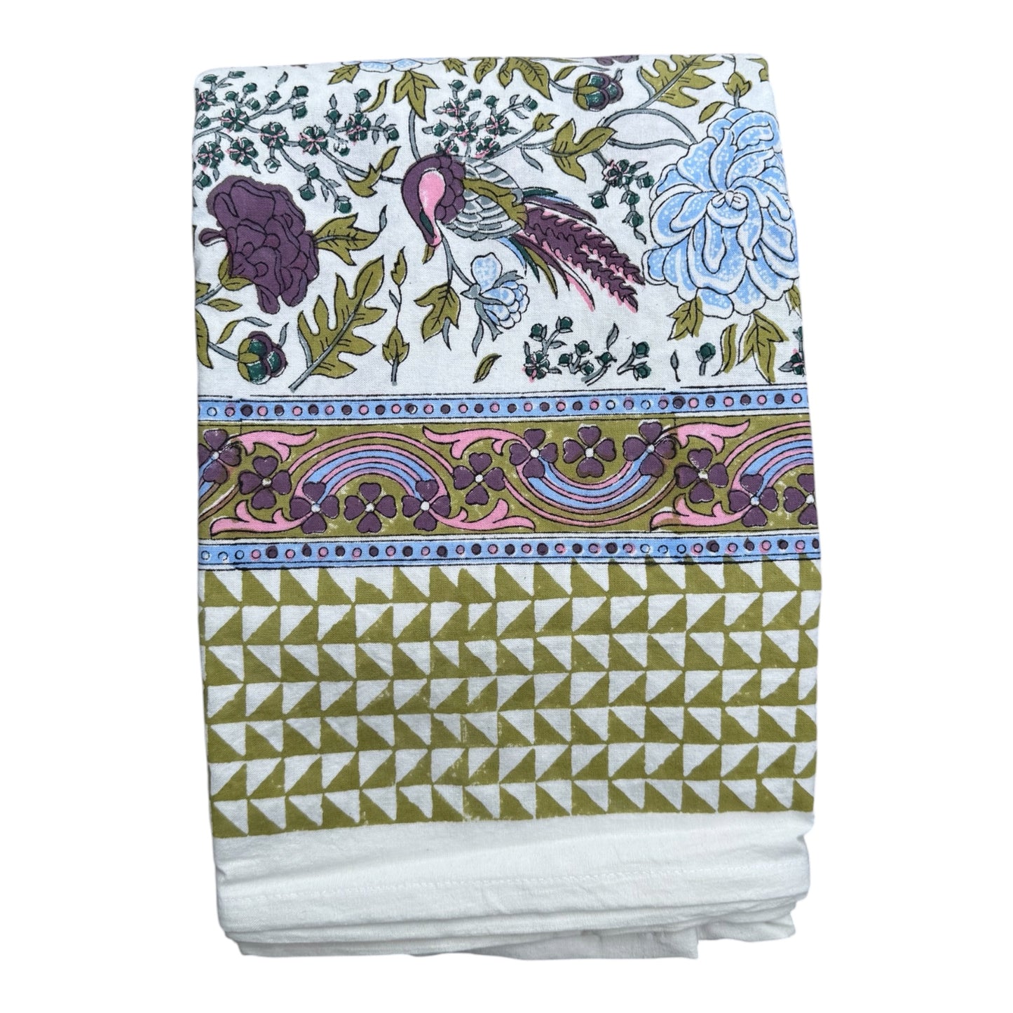 Tafelkleed Indiase blockprint licht blauwe bloem en lila vogel