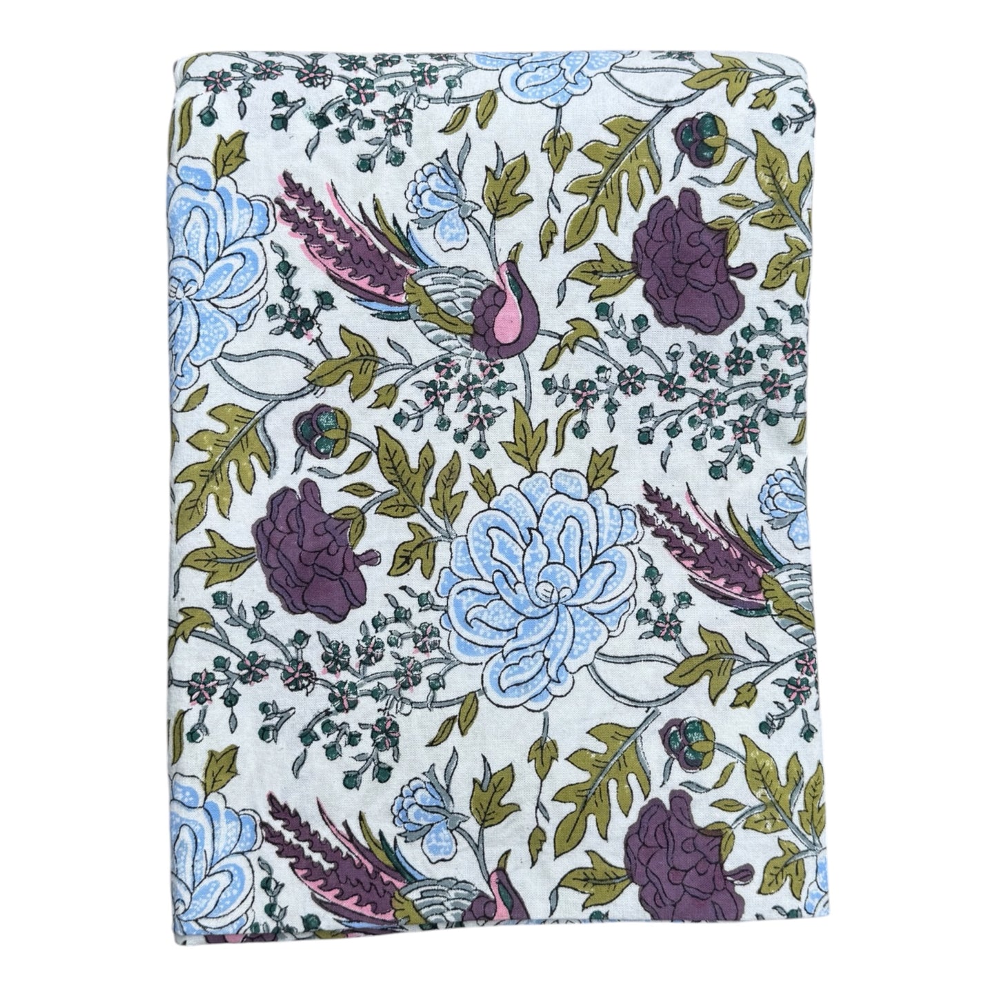 Tafelkleed Indiase blockprint licht blauwe bloem en lila vogel
