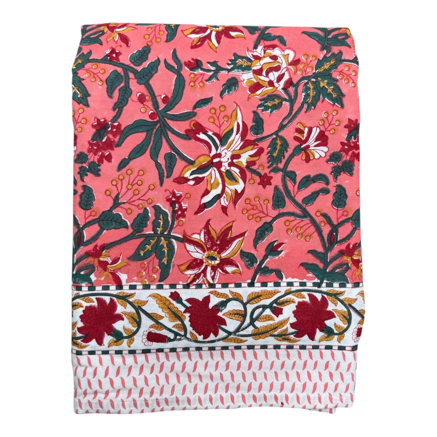 Tafelkleed Indiase blockprint roze met groene takken en rood gele bloem