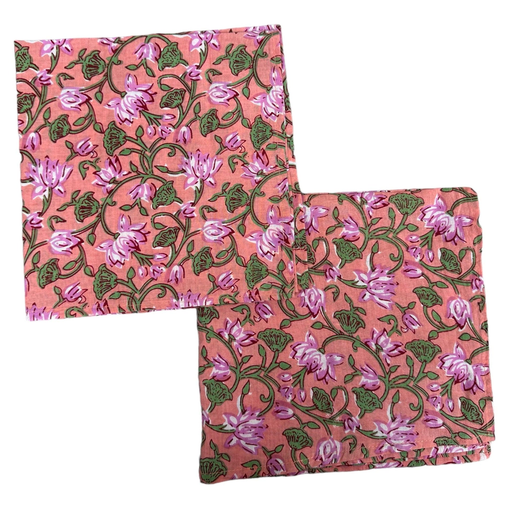 Katoenen servetten blockprint roze met groene bloemmotieven - Frank Styling