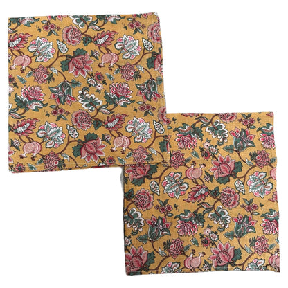 Katoenen servetten blockprint okergeel met bloemen in oudgroen en oudroze - Frank Styling