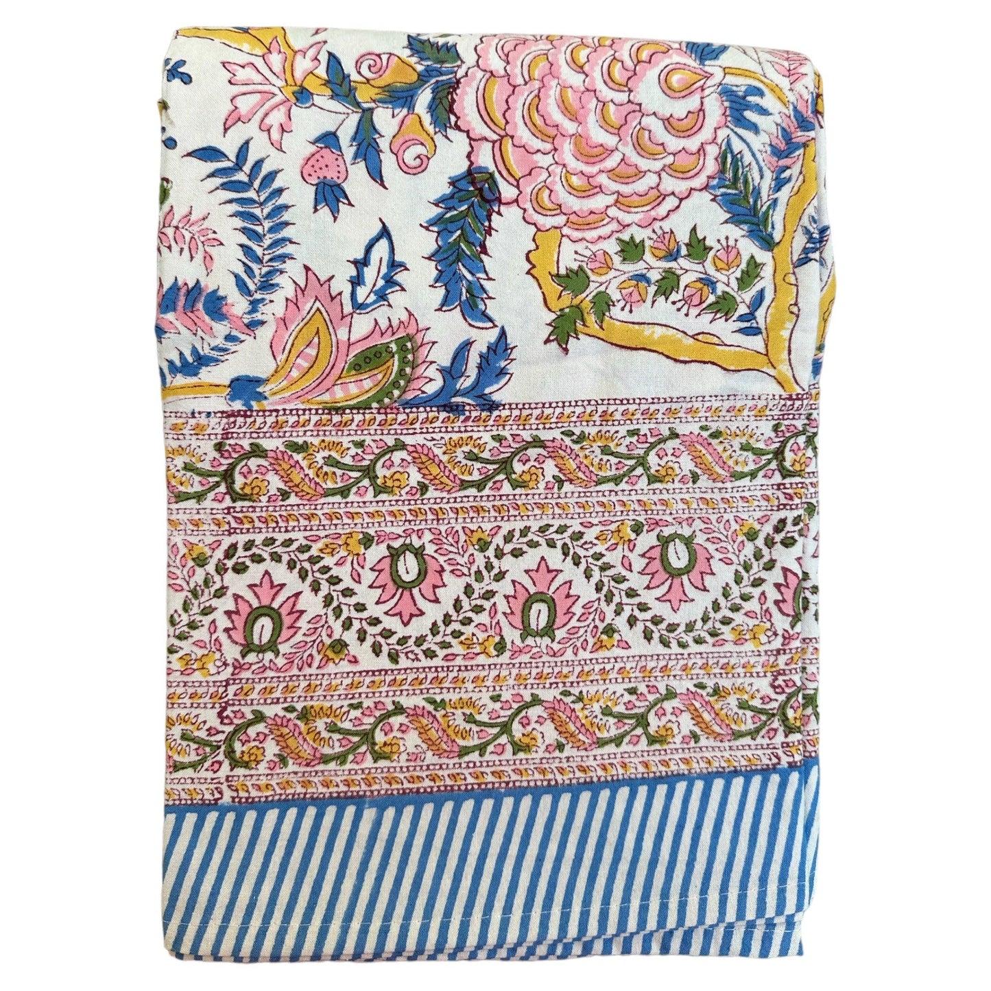 Tafelkleed Indiase blockprint blauw, roze en gele bloemen - Frank Styling