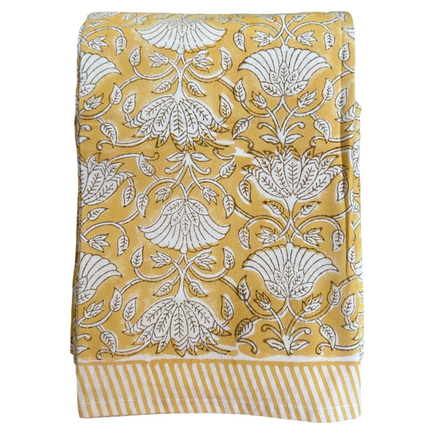 Tafelkleed Indiase blockprint geel met witte bloemen - Frank Styling