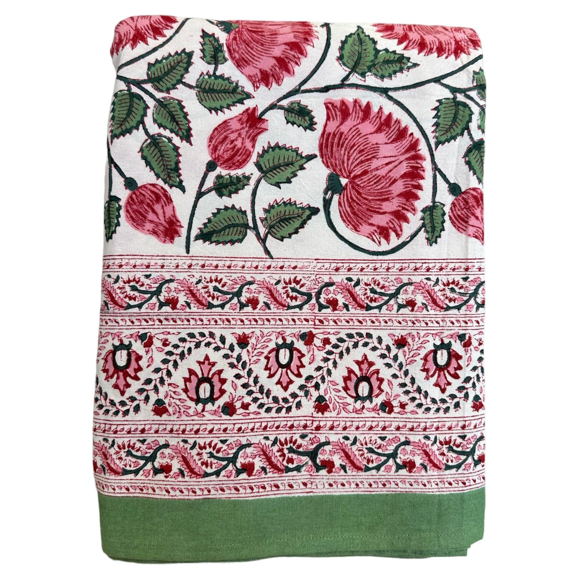 Tafelkleed Indiase blockprint wit met delicate roze bloemen en levendige groene bladeren - Frank Styling