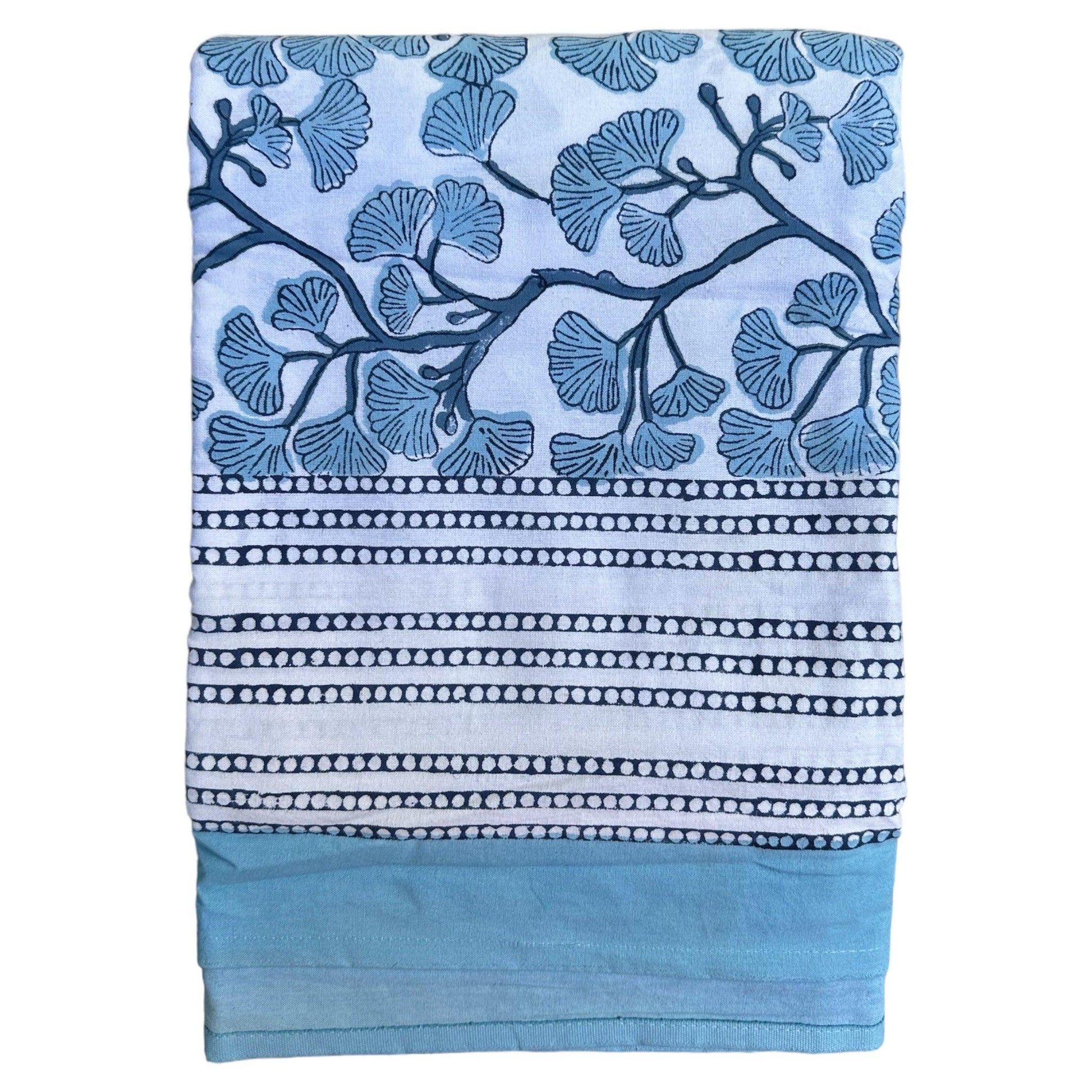 Tafelkleed Indiase blockprint lichtblauw met witte ginkgo bladmotieven - Frank Styling
