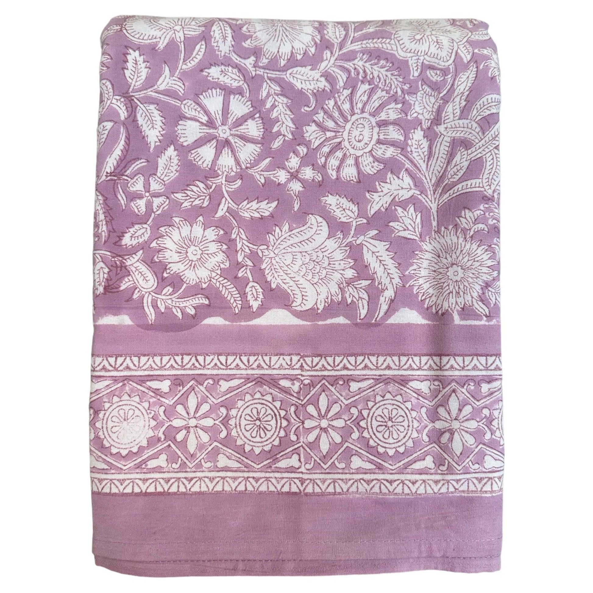 Tafelkleed Indiase blockprint zacht lila met witte bloemmotieven - Frank Styling