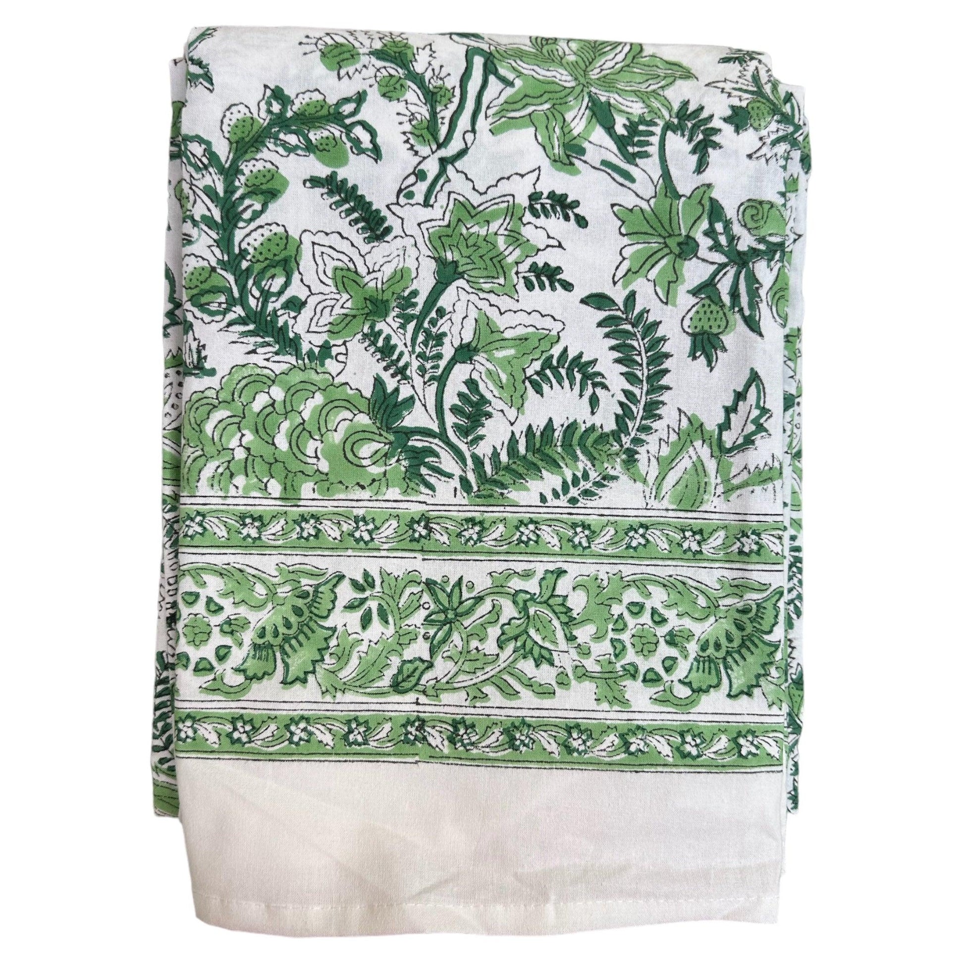 Tafelkleed Indiase blockprint wit met groene bloemmotieven - Frank Styling