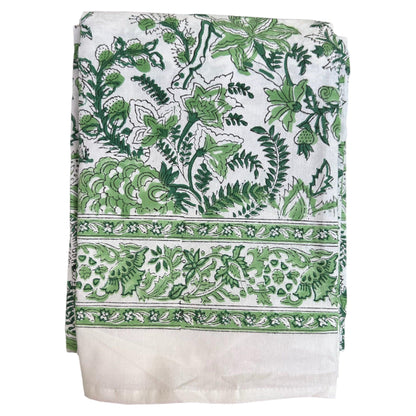 Tafelkleed Indiase blockprint wit met groene bloemmotieven - Frank Styling