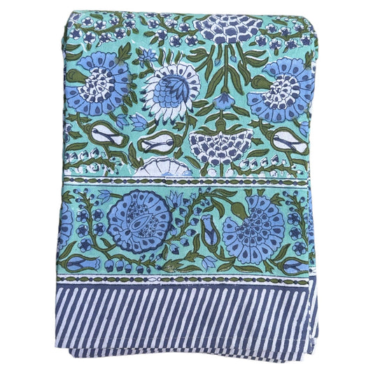 Tafelkleed Indiase blockprint aquagroen met blauwe bloemprint - Frank Styling