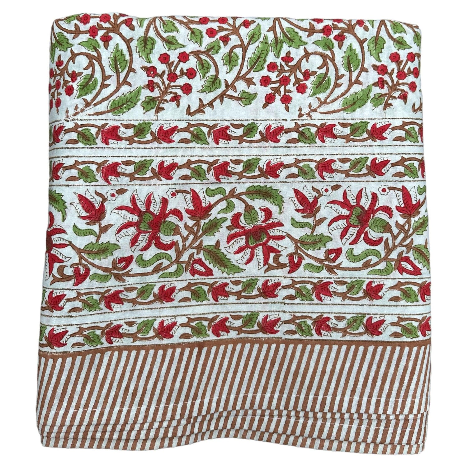 Tafelkleed Indiase blockprint serene wit met groene takjes en rode bloemetjes - Frank Styling