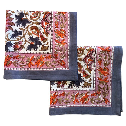 Tafelkleed Indiase blockprint offwhite okergele, blauw en roze bloemen - Frank Styling