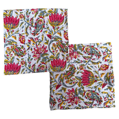 Katoenen servetten blockprint wit met fuchsia en gele bloemmotieven - Frank Styling