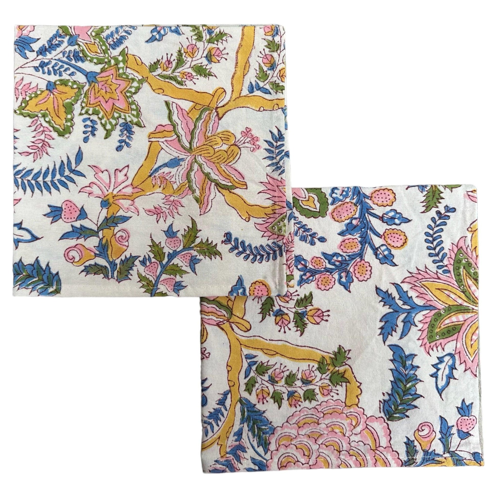 Tafelkleed Indiase blockprint blauw, roze en gele bloemen - Frank Styling