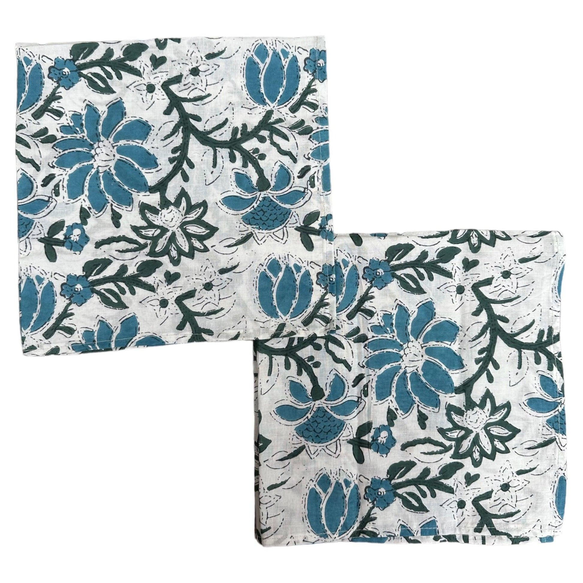 Katoenen servetten blockprint wit met levendige bloemen in groen en dusty blue - Frank Styling
